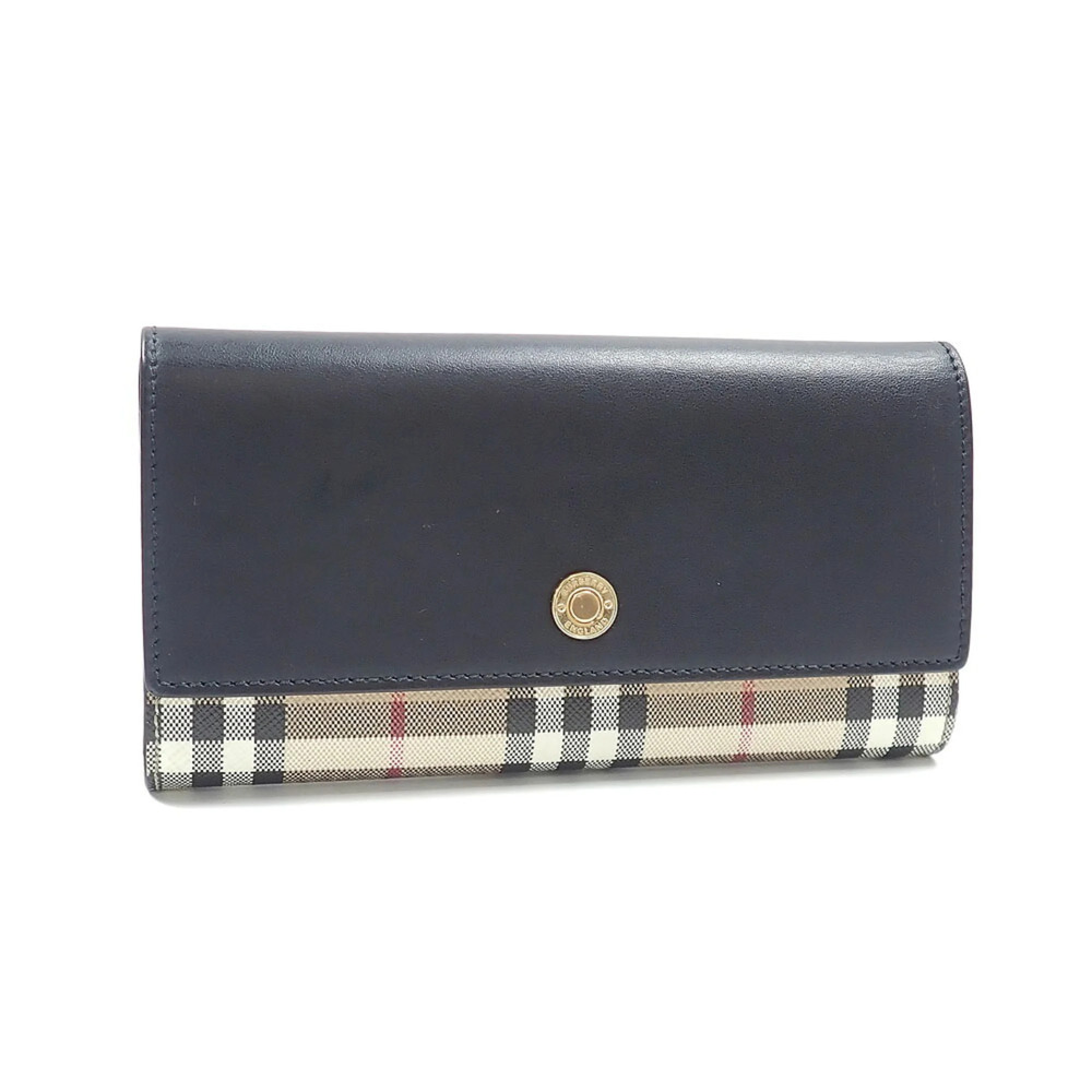 Burberry bi-fold long wallet for women, black check pattern, leather and poly...